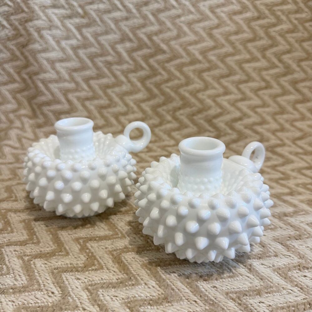 Vintage Fenton White Hobnail Milk Glass Candle Holders Set of 2